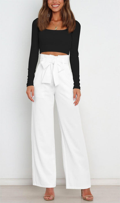 Wide-leg high-waisted lace-up dress pants woman