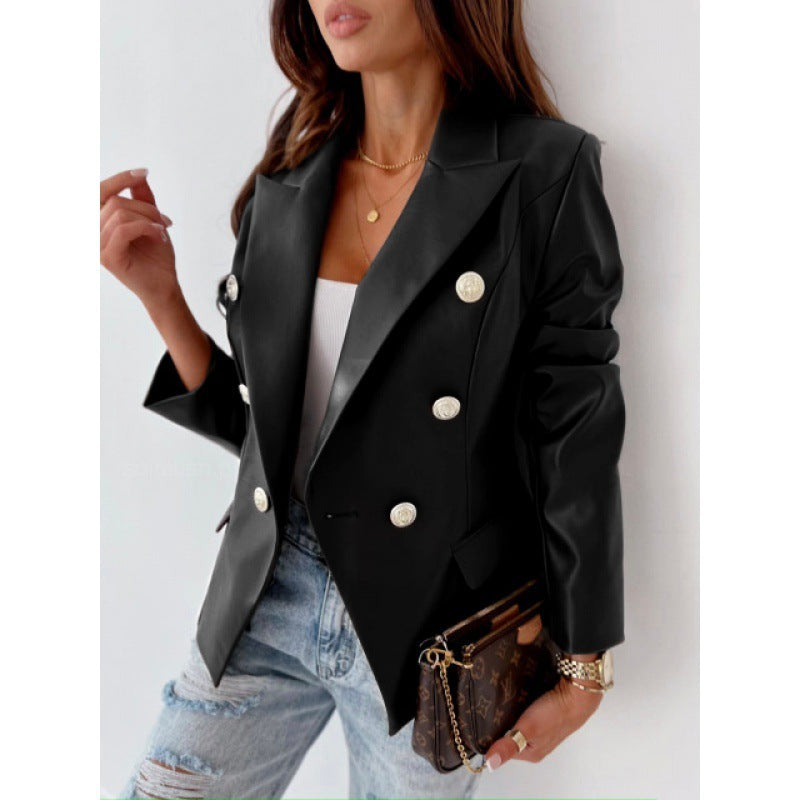 PU Leather Double Breasted Long Sleeve Street Style Suit