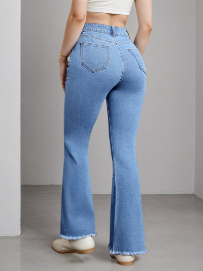 2025 New Women'S High-Stretch Flare Jeans With Heart Embroidery Patchwork - Trendy Distressed Denim Bell Bottoms, Comfortable & Versatile Light Blue Casual Pants,Fashion And Leisure by Glamytek