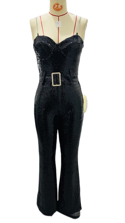 Fashionable and sexy chain belt slim-fit jumpsuit
