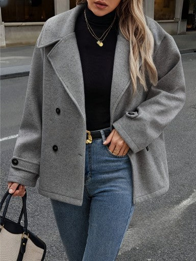 Womens Woolen Coat Dark Gray Loose Fit Short Overcoat