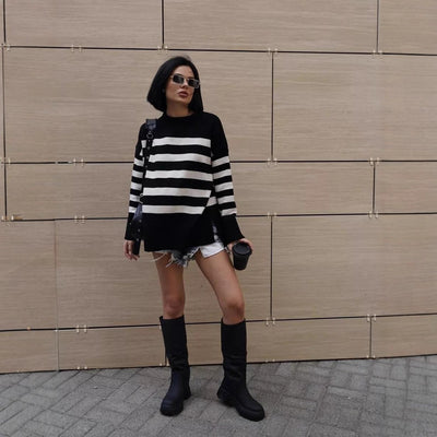 Casual Striped Loose Crew Neck Pullover Sweater Coat by Glamytek