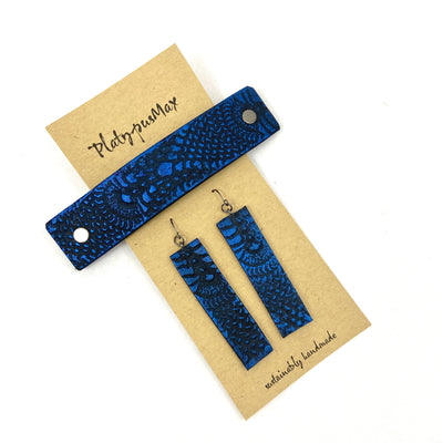 Cobalt Blue & Black Lace Texture Barrette and Earring Gift Set by Glamytek
