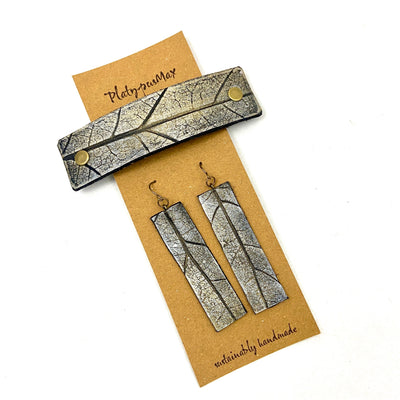 Silvery Gold Oak Leaf Imprint Barrette and Earring Gift Set by Glamytek