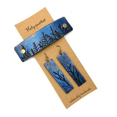 Moonlit Forest Trees Blue & Gold Barrette and Earring Gift Set by Glamytek