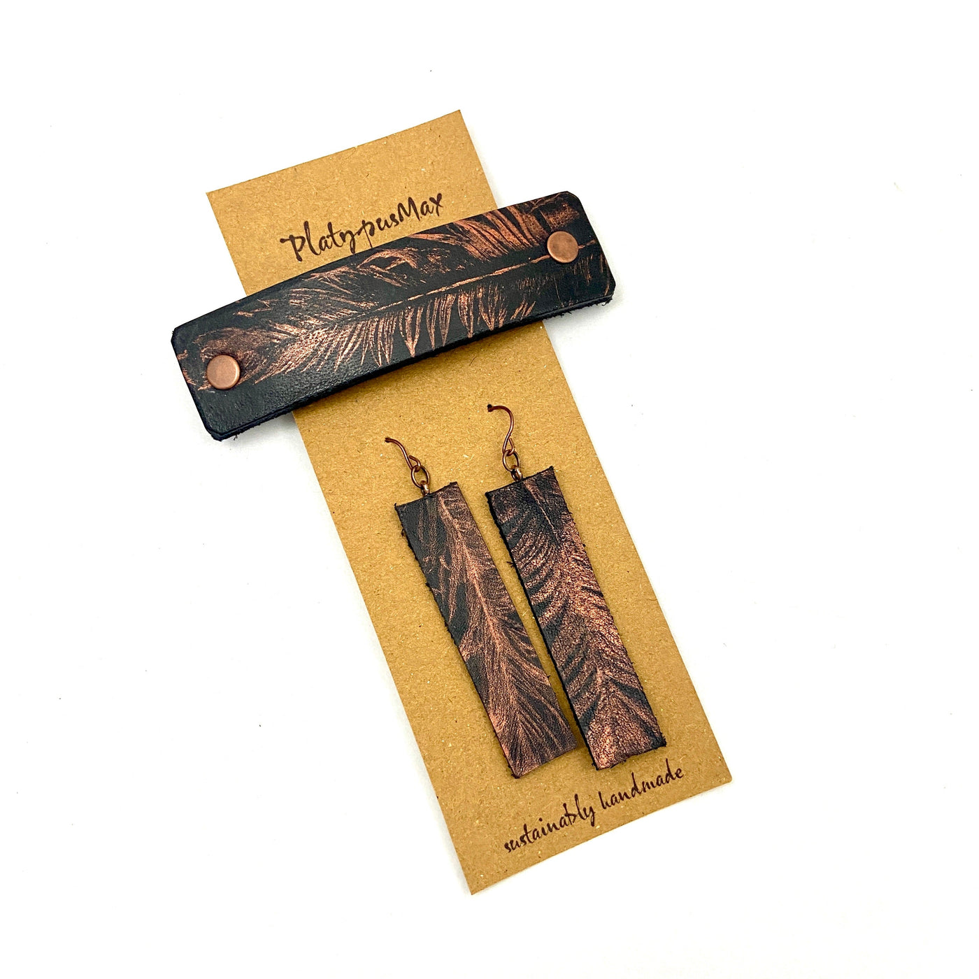Copper Feather on Black Leather Barrette and Earring Gift Set by Glamytek