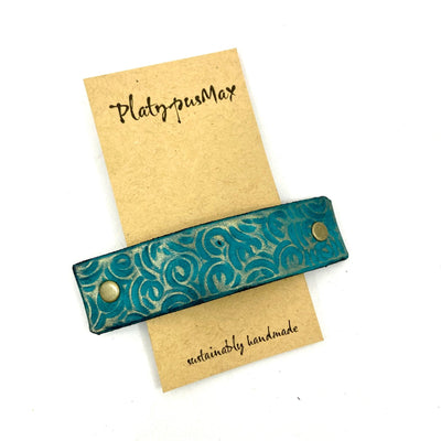 Turquoise & Gold Leather Barrette with Rustic Spirals Texture by Glamytek
